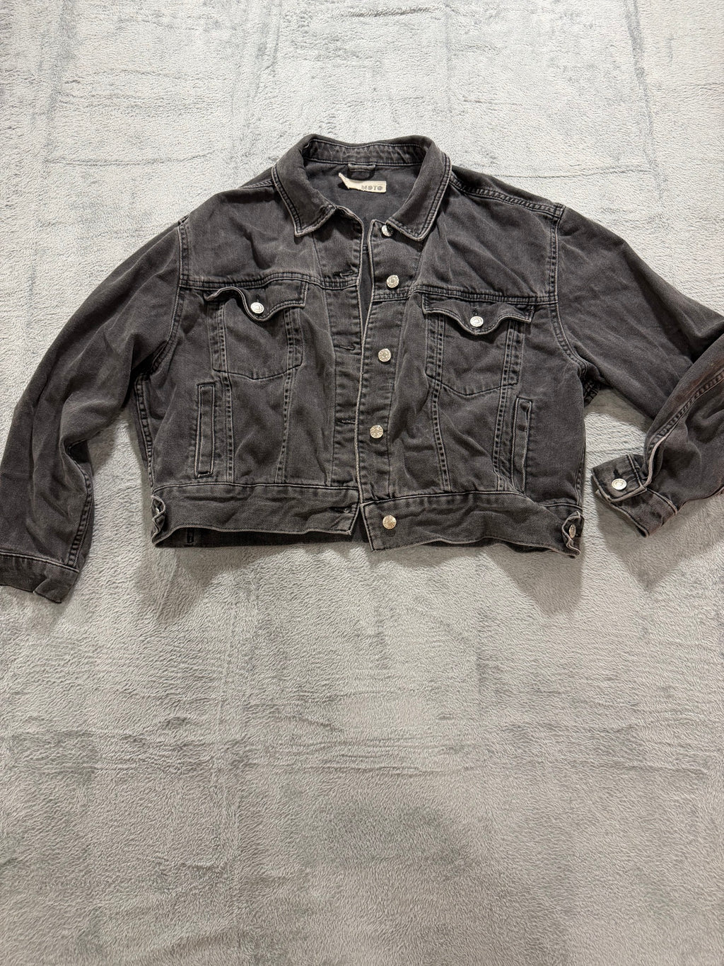 Topshop MOTO Size 10 Washed Black Denim Trucker Jacket Oversized Grunge