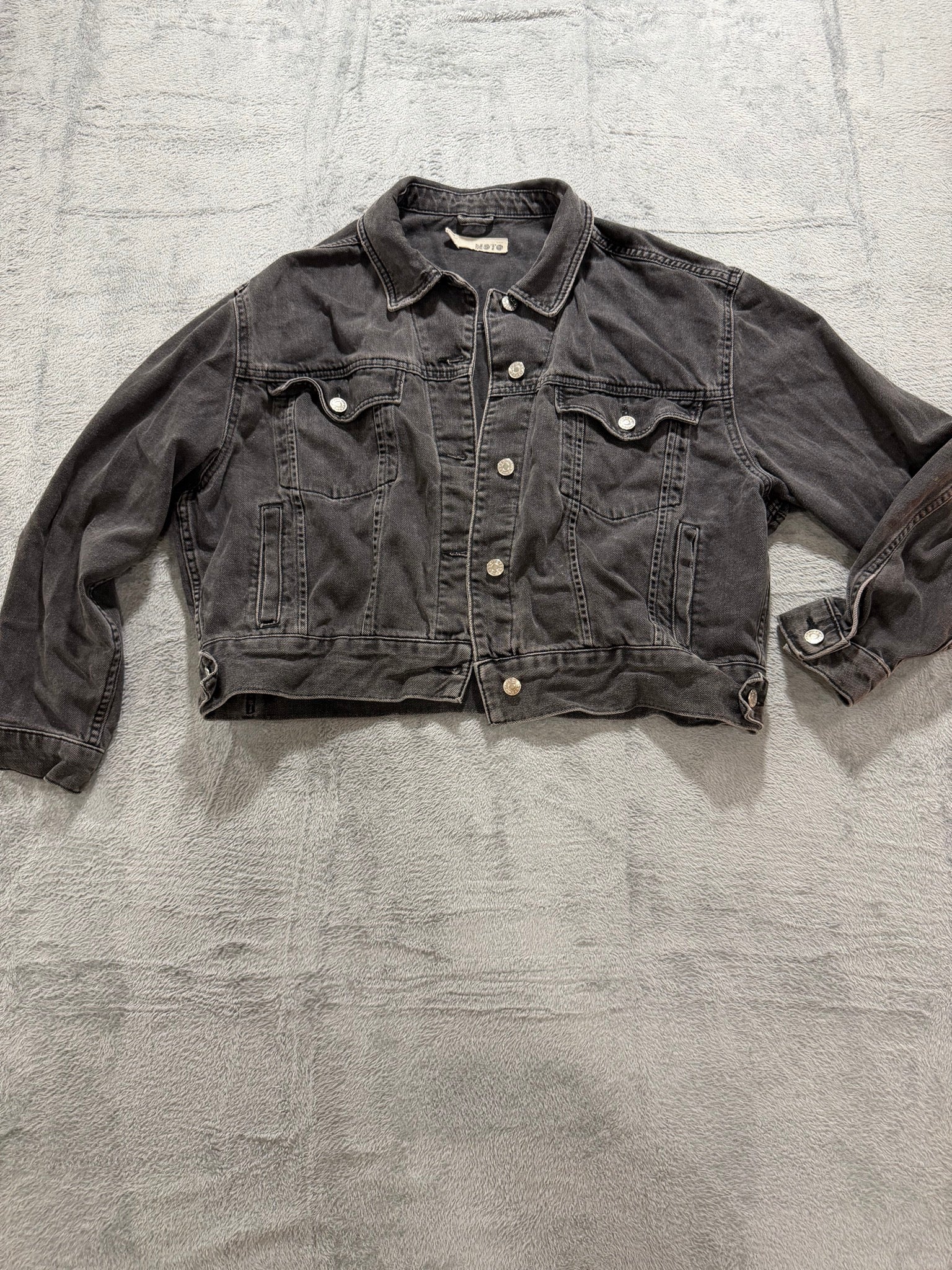 Topshop MOTO Size 10 Washed Black Denim Trucker Jacket Oversized Grunge