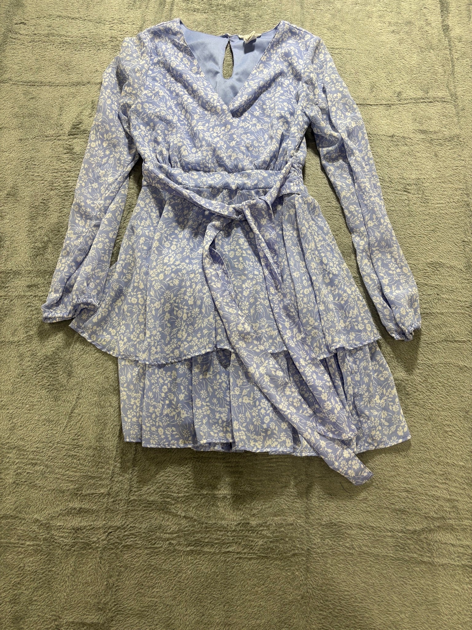 Jaspir S Blue Floral Tiered Ruffle Wrap Mini Dress Long Sleeve Tie Waist