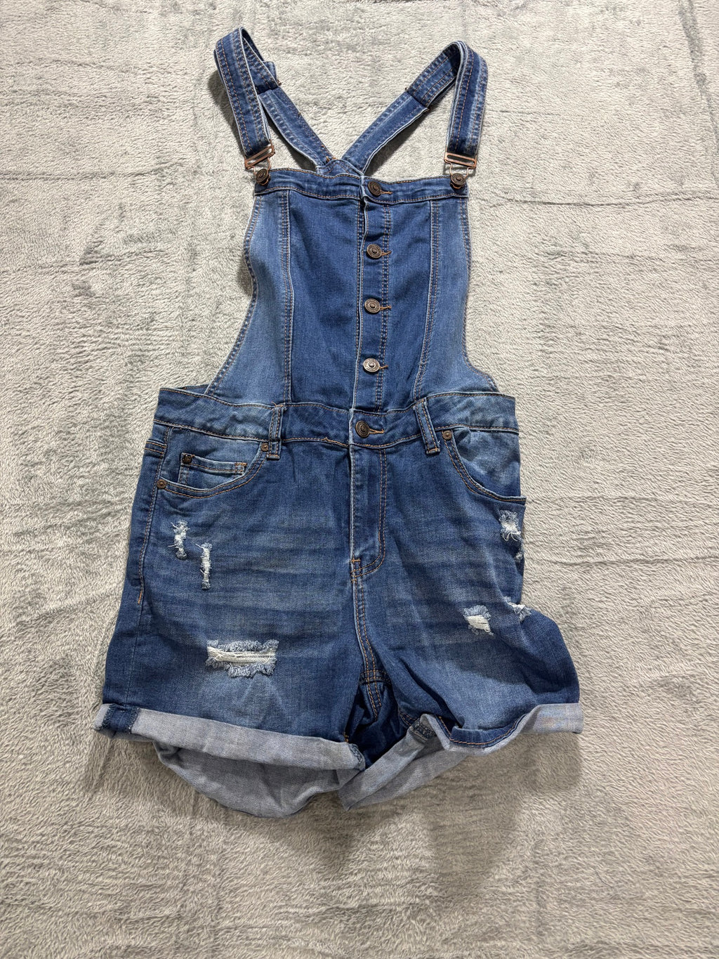 EnJean L Medium Wash Distressed Denim Overall Shorts Shortalls Cuffed Bib