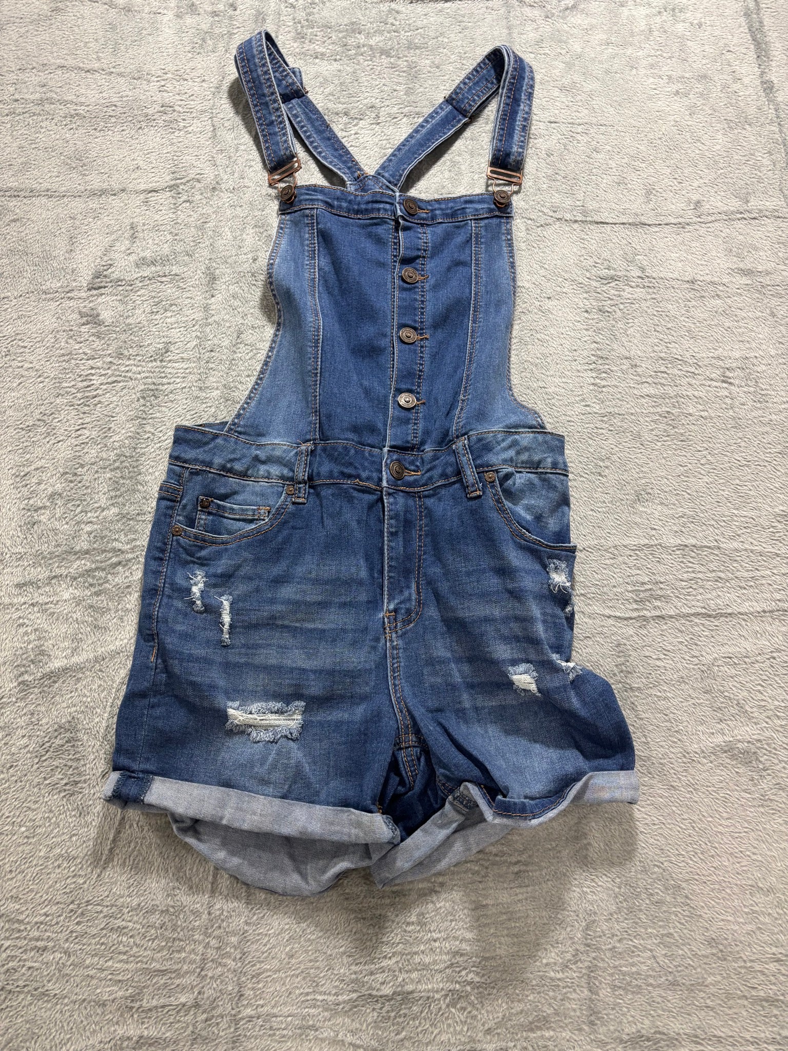 EnJean L Medium Wash Distressed Denim Overall Shorts Shortalls Cuffed Bib