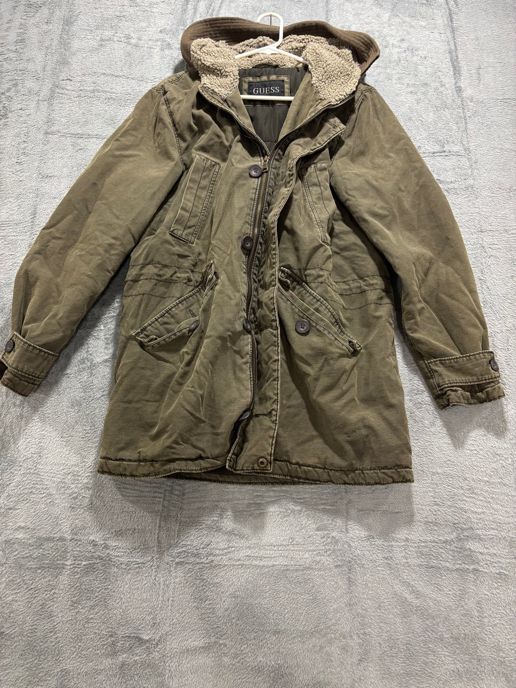 GUESS Mens M Olive Green Sherpa-Lined Hooded Military Field Parka Jacket