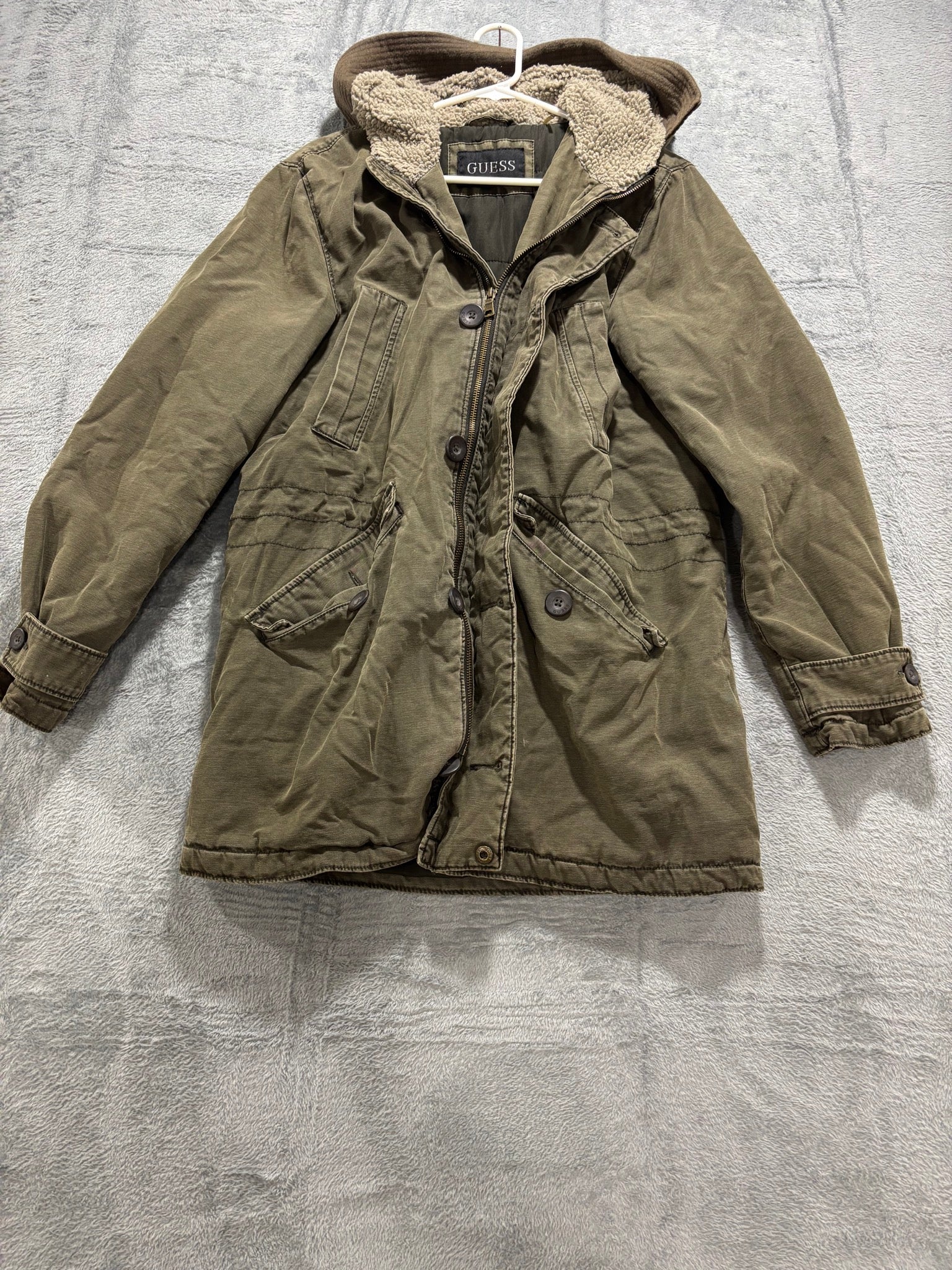 GUESS Mens M Olive Green Sherpa-Lined Hooded Military Field Parka Jacket