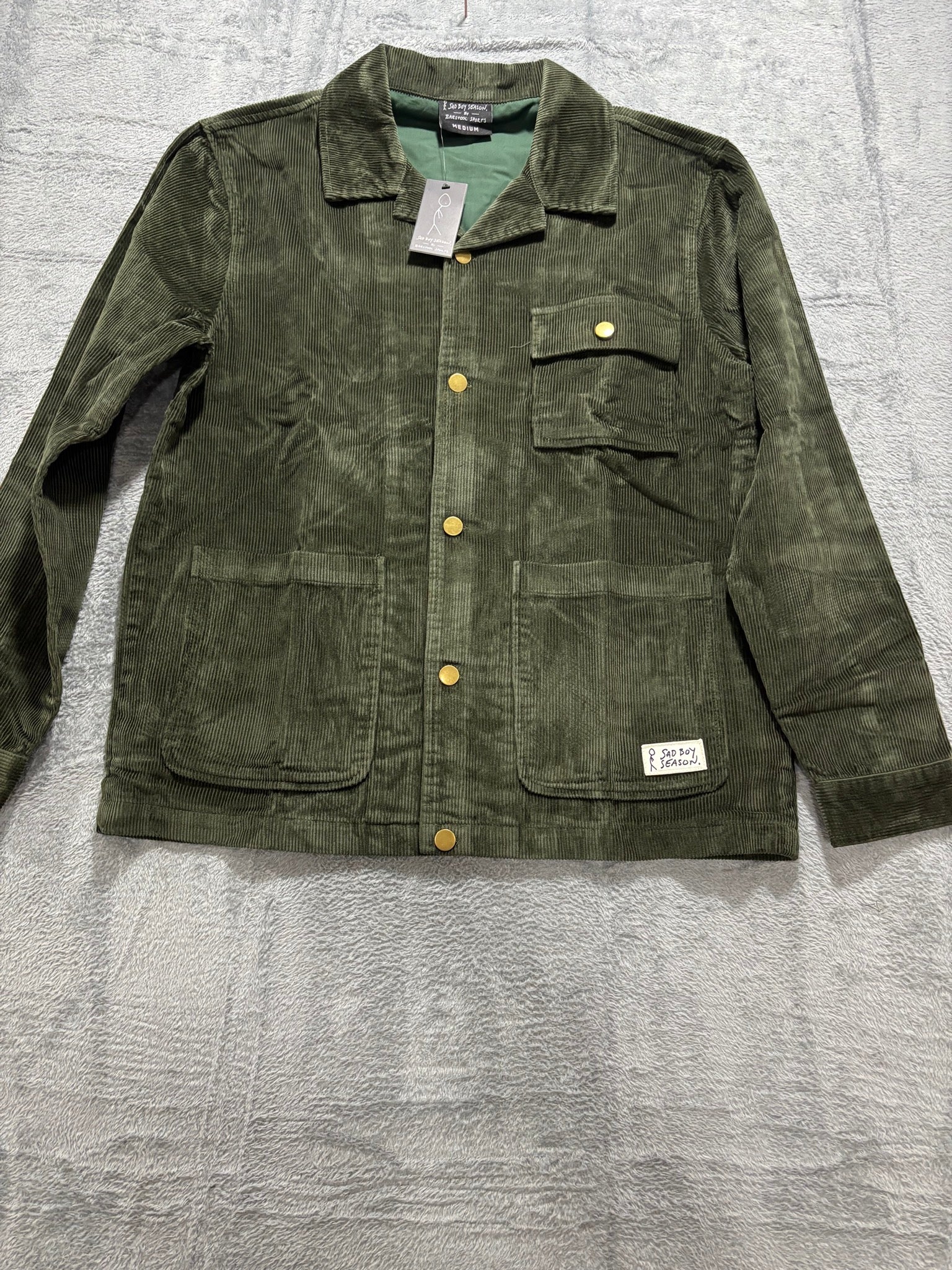 Sad Boy Season Barstool Sports M Olive Corduroy Chore Jacket NWT Snap Front