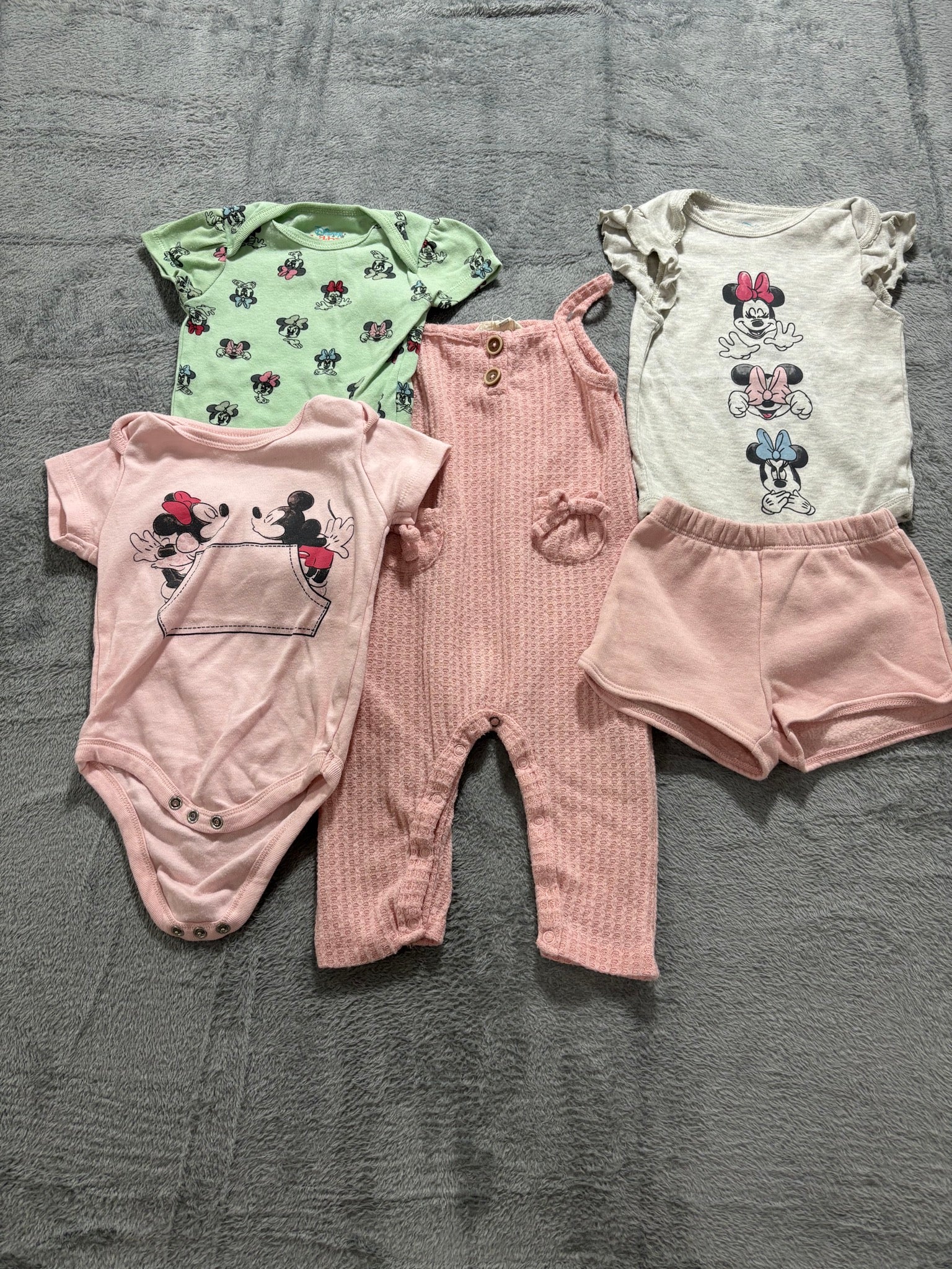 Disney Baby 6-9M Girl 5 Pc Lot Minnie Mickey Bodysuits Waffle Romper Shorts Pink
