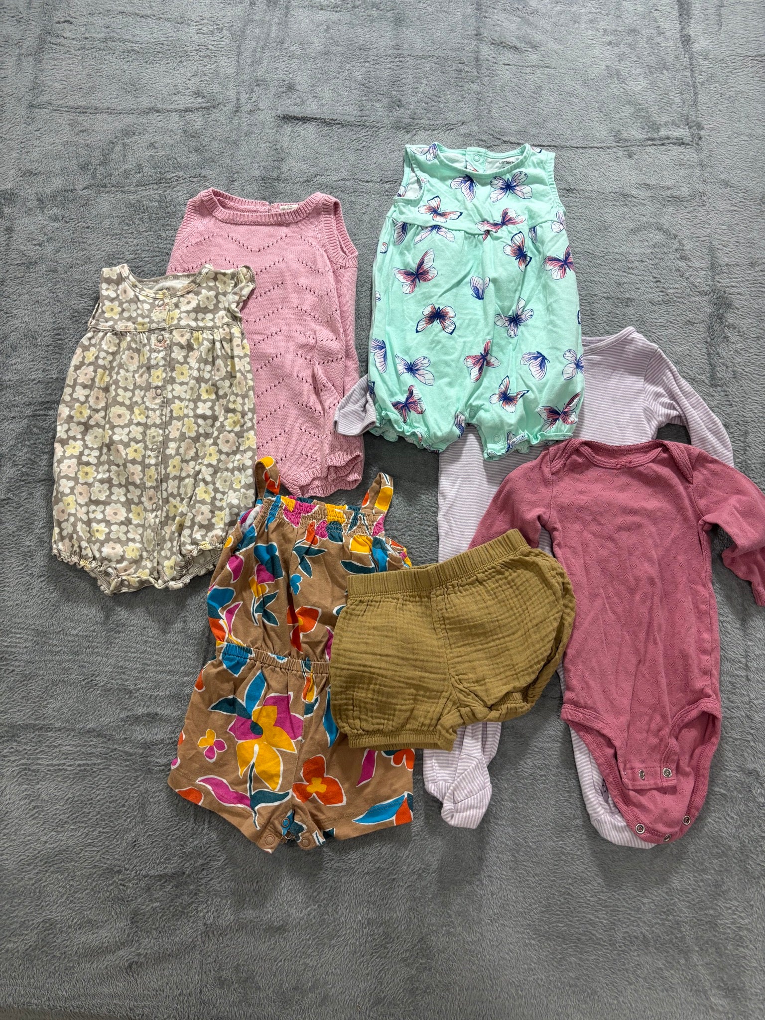 Carter's 9M Baby Girl 7 Pc Summer Lot Rompers Bodysuits Pointelle Knit Footie