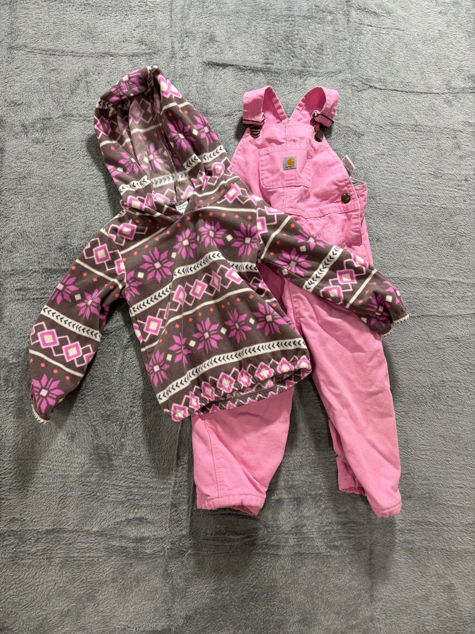 Carhartt Girls 2T Pink Flannel Lined Bib Overalls + Carters Fair Isle Fleece