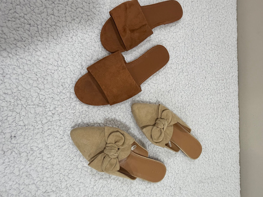 J.Crew Size 12 Suede Mules 2-Pair Lot Tan Bow & Brown Slide Sandals