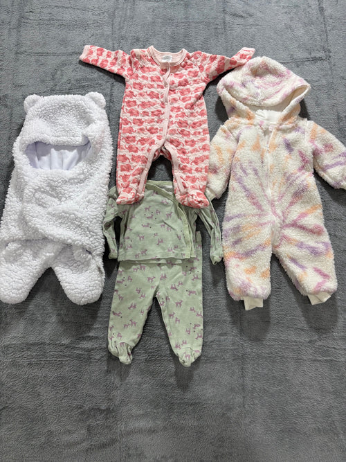 Baby Girl 0-3M 5pc Cozy Lot Sherpa Pram Suit Bear Bunting Sleeper Gerber Set