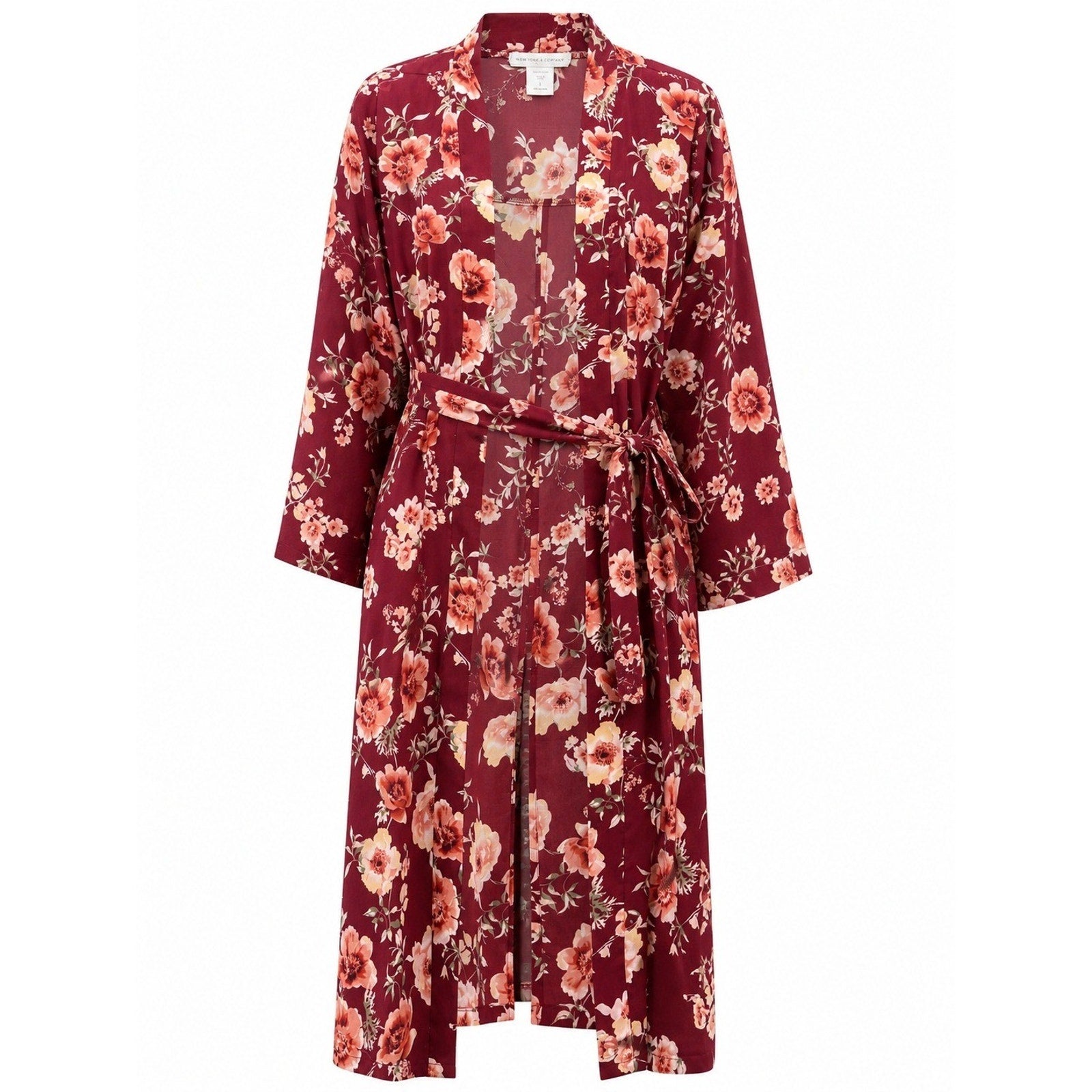 New York & Company Kimono Womens S Red Floral Duster Belted Boho