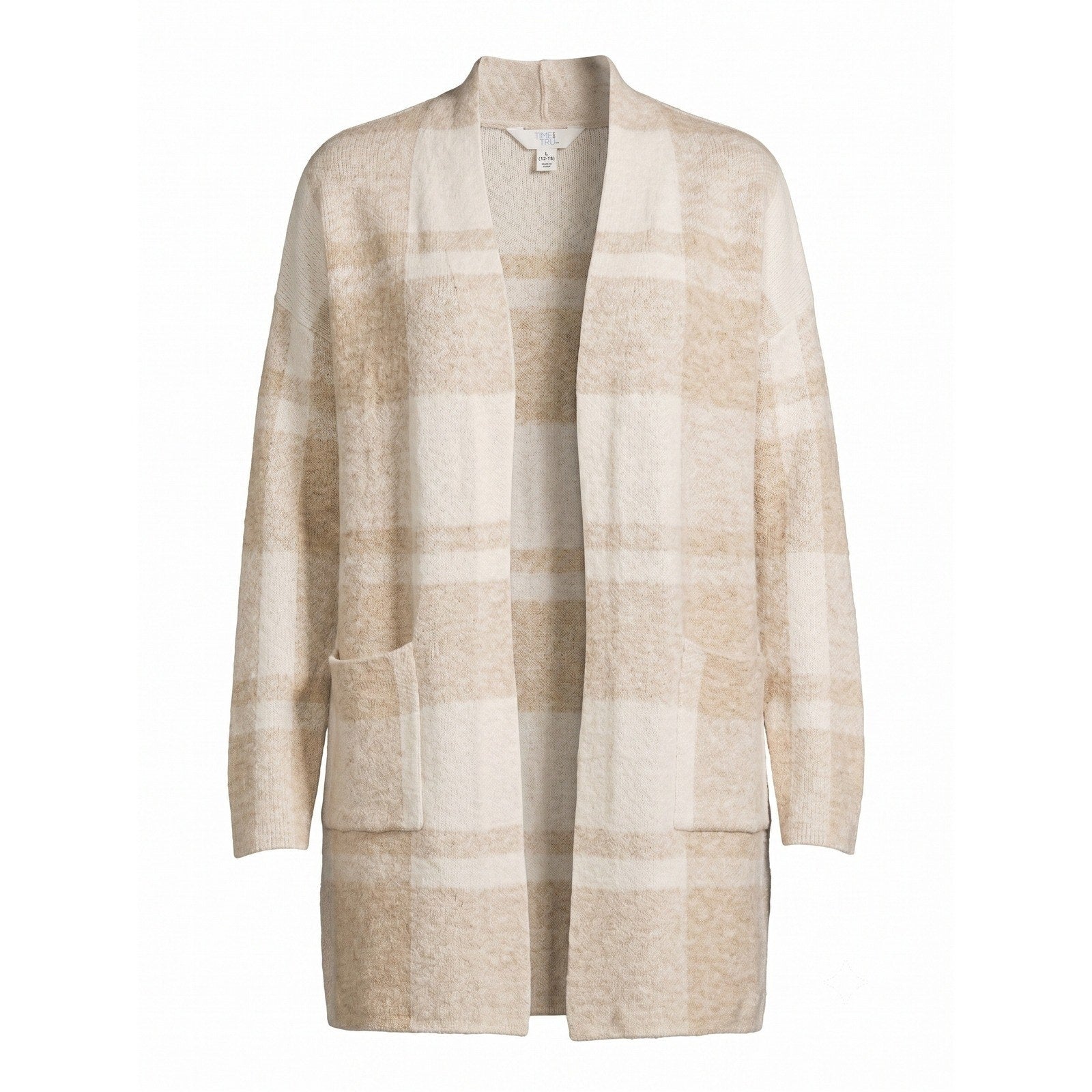 Time and Tru Womens Plaid Open Front Cardigan Sweater Oatmeal White L 12-14