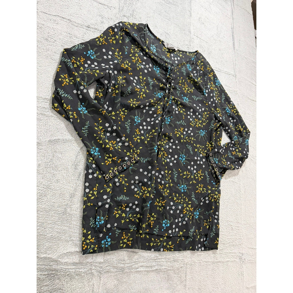 Ruff Hewn Grey Womens XL Black Floral Lace Up Grommet Long Sleeve Blouse Top
