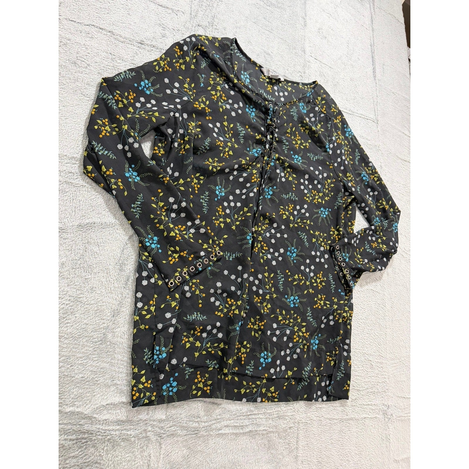 Ruff Hewn Grey Womens XL Black Floral Lace Up Grommet Long Sleeve Blouse Top