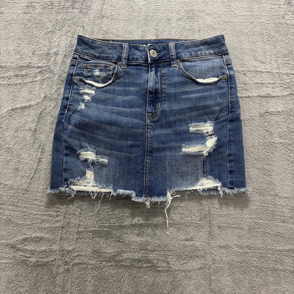 American Eagle 4 Blue Womens Distressed Denim Mini Skirt Raw Hem Casual Summer