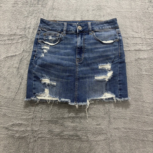 American Eagle 4 Blue Womens Distressed Denim Mini Skirt Raw Hem Casual Summer