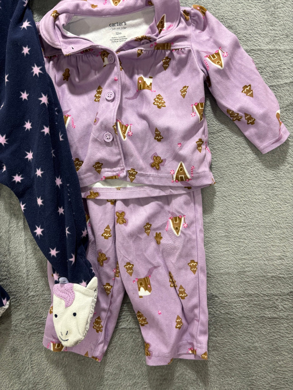 Carter's 12M Girl Winter Pajama Lot 3 Pc Navy Star Fleece Sleeper Gingerbread PJ