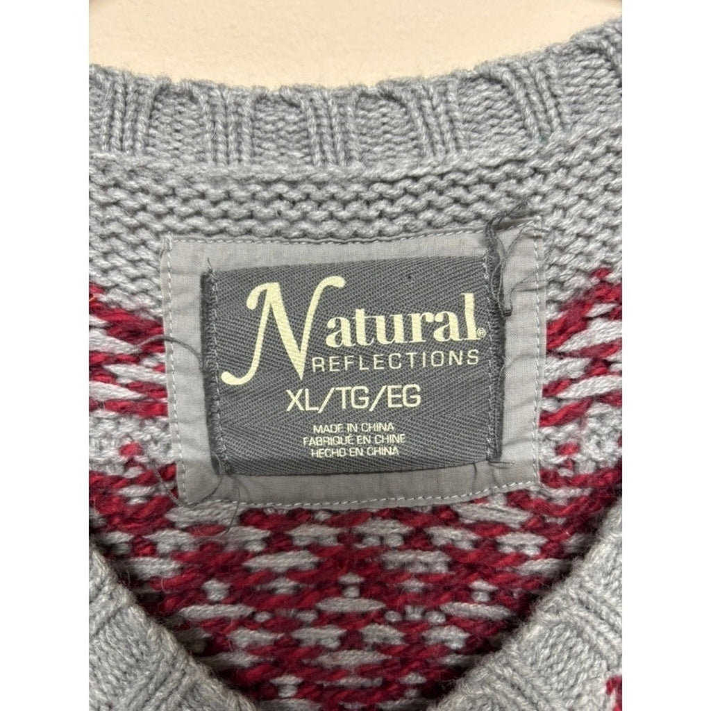 Natural Reflections Gray Fair Isle Knit Sweater XL Burgundy Nordic Cozy Cabin