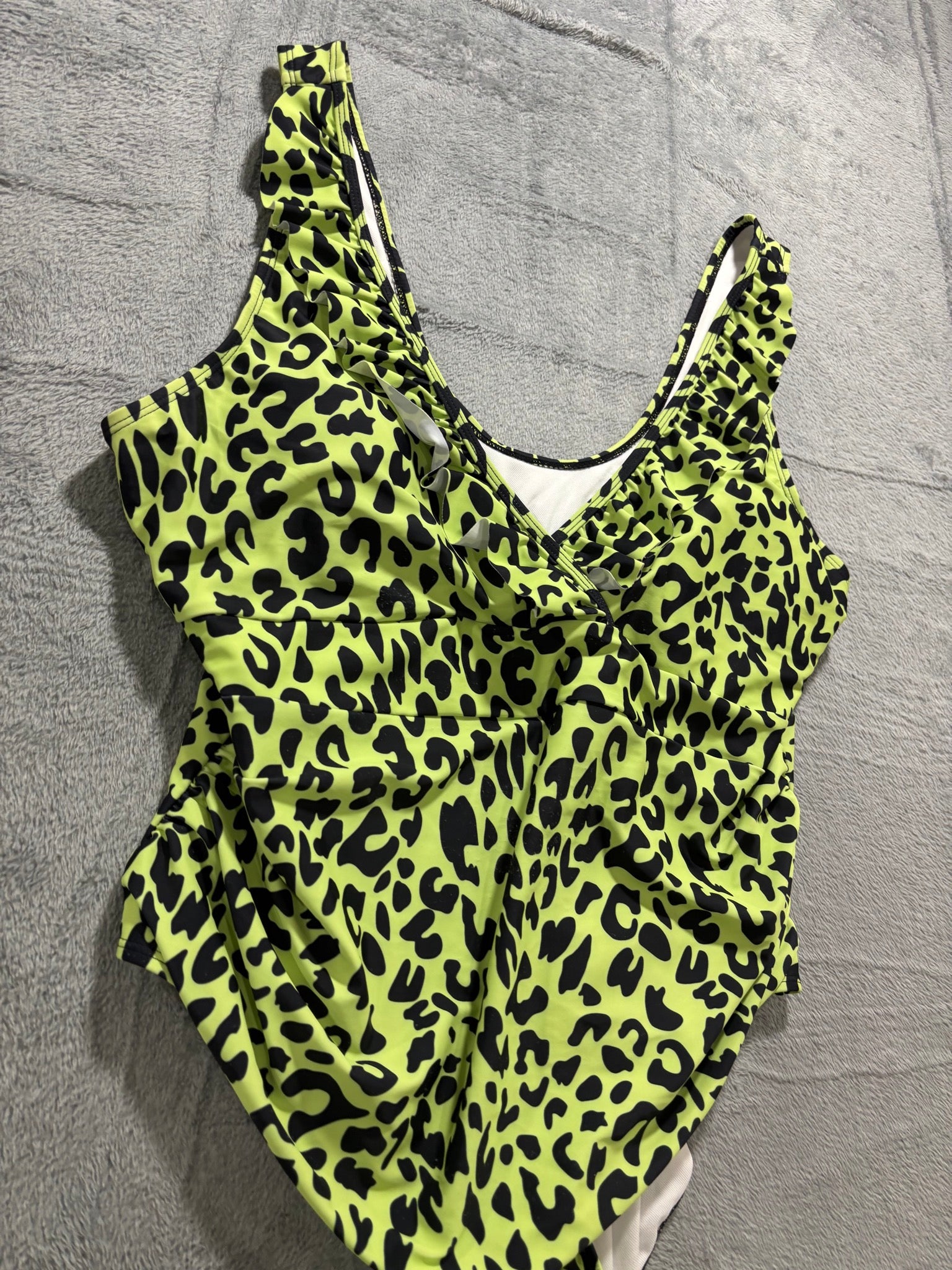Neon Green Leopard One Piece Swimsuit Plus 3XL Ruffle Strap Cutout NWOT