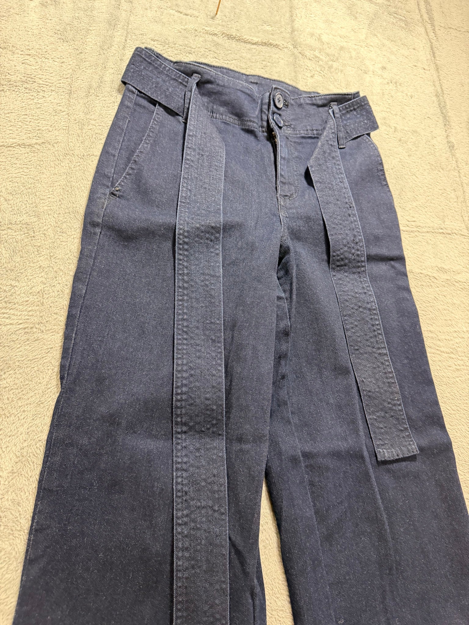 a new day Size 4 Navy Wide-Leg Belted Stretch Denim Trousers High-Rise