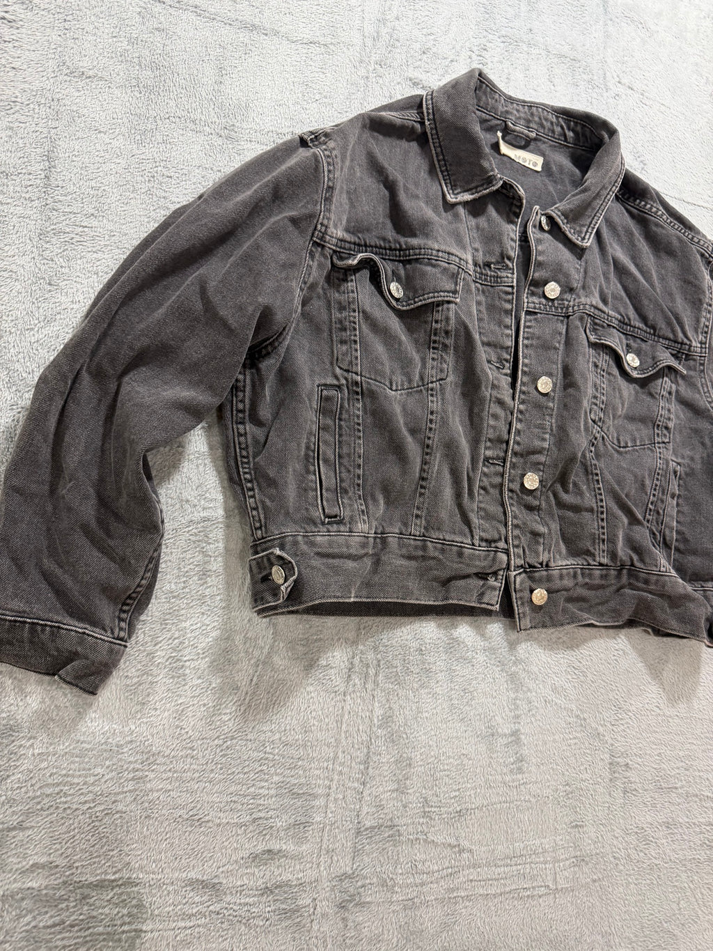 Topshop MOTO Size 10 Washed Black Denim Trucker Jacket Oversized Grunge