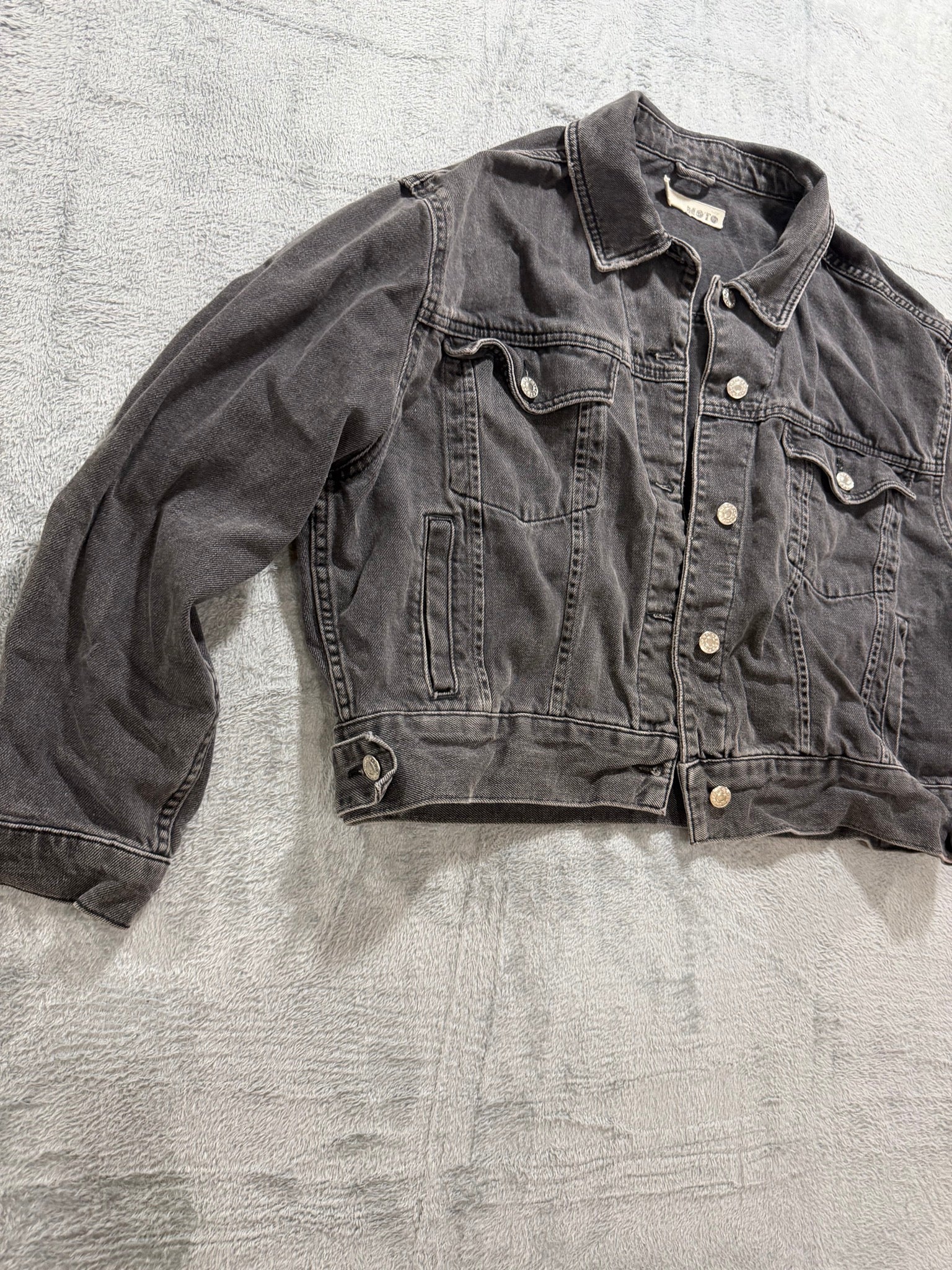 Topshop MOTO Size 10 Washed Black Denim Trucker Jacket Oversized Grunge