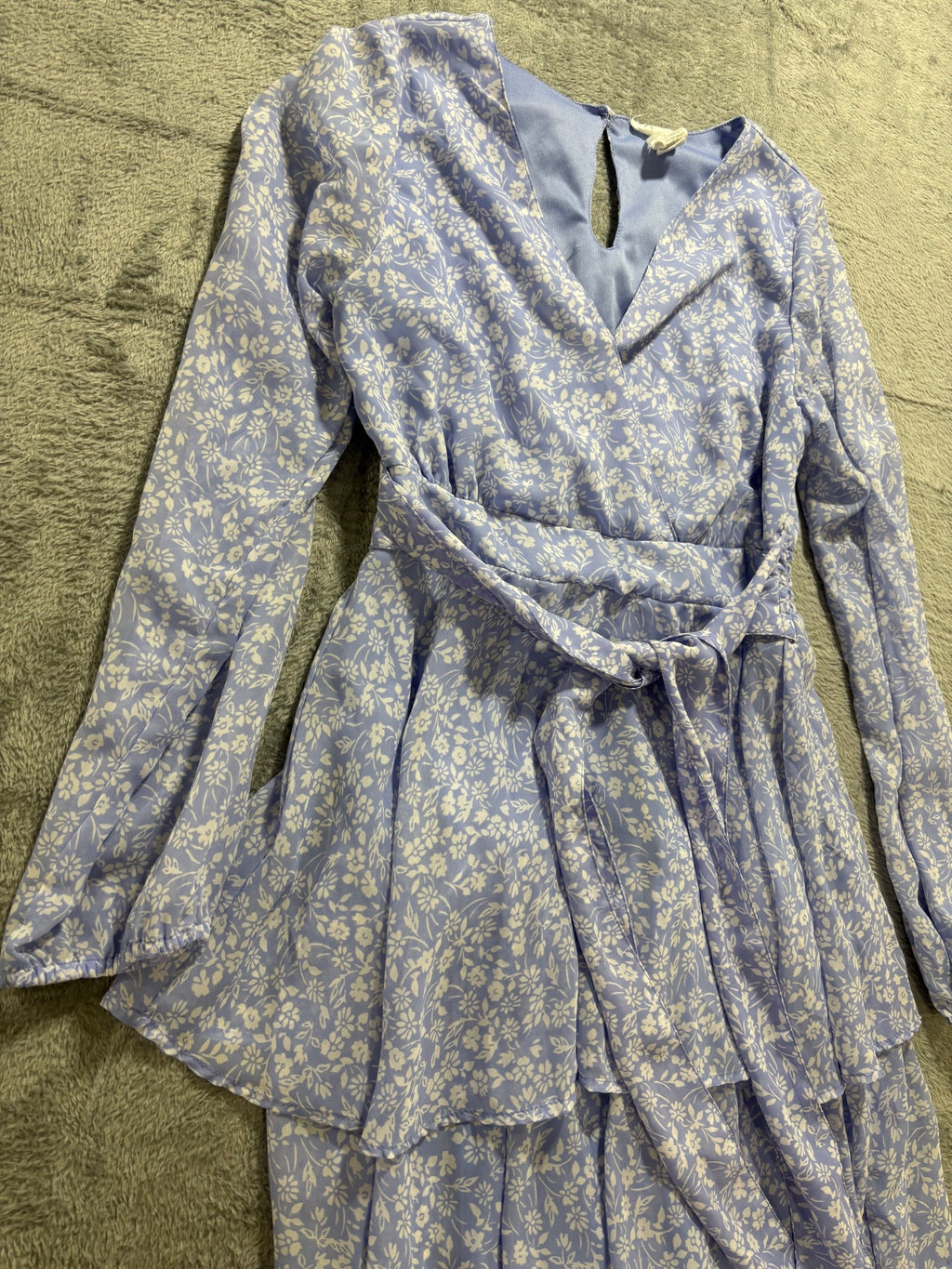 Jaspir S Blue Floral Tiered Ruffle Wrap Mini Dress Long Sleeve Tie Waist