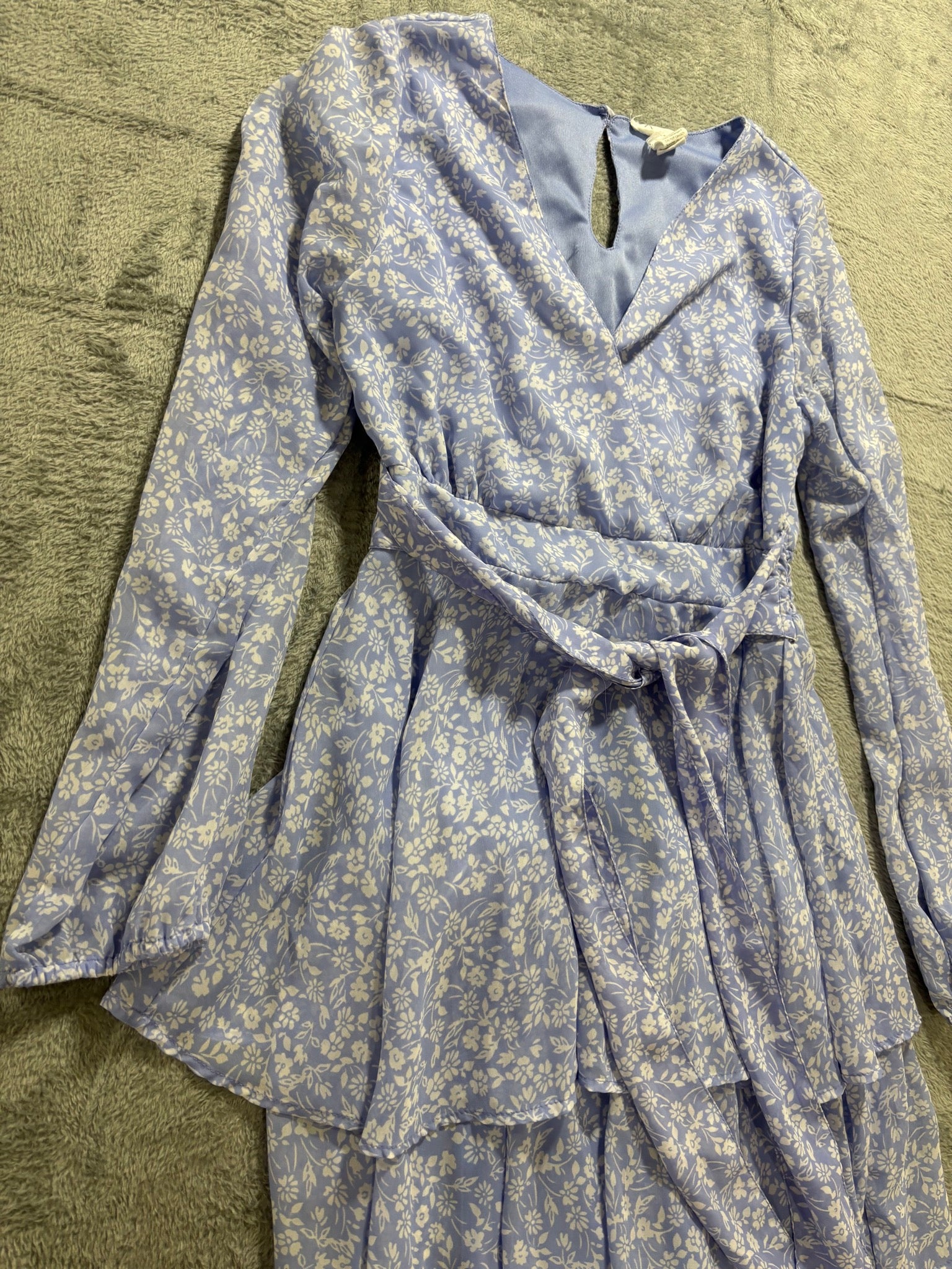 Jaspir S Blue Floral Tiered Ruffle Wrap Mini Dress Long Sleeve Tie Waist