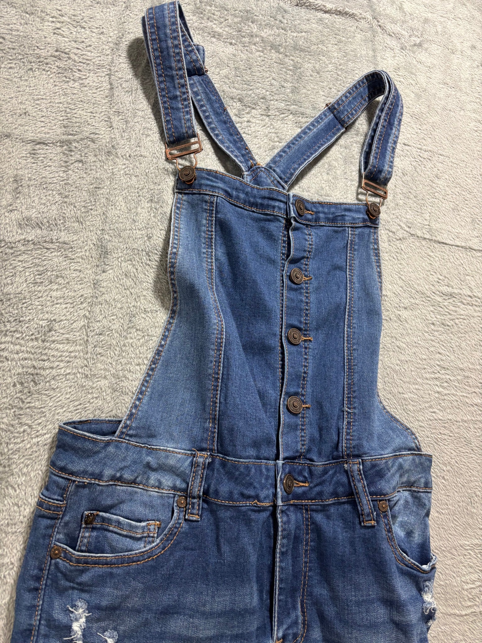 EnJean L Medium Wash Distressed Denim Overall Shorts Shortalls Cuffed Bib
