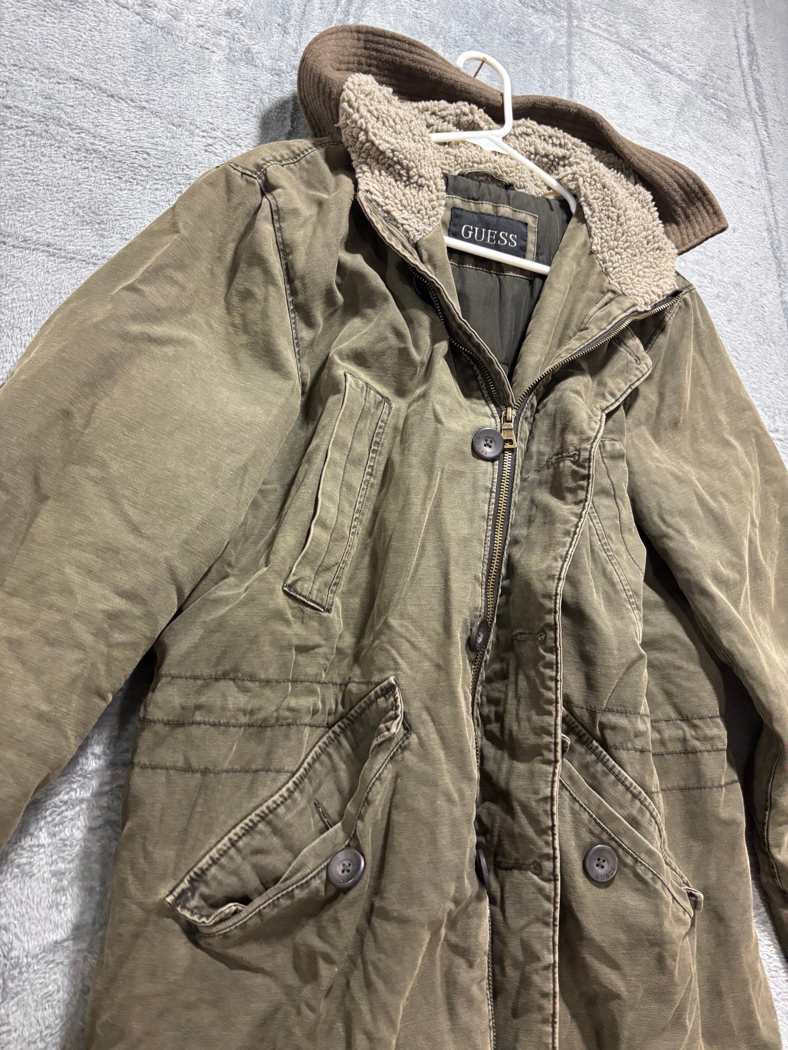 GUESS Mens M Olive Green Sherpa-Lined Hooded Military Field Parka Jacket