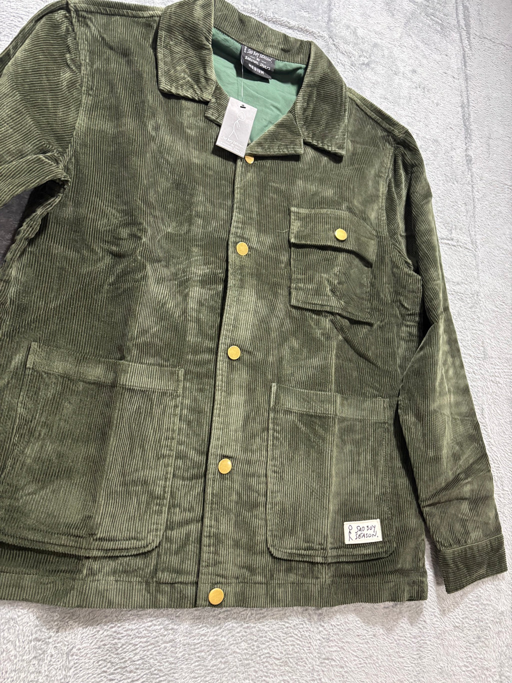 Sad Boy Season Barstool Sports M Olive Corduroy Chore Jacket NWT Snap Front