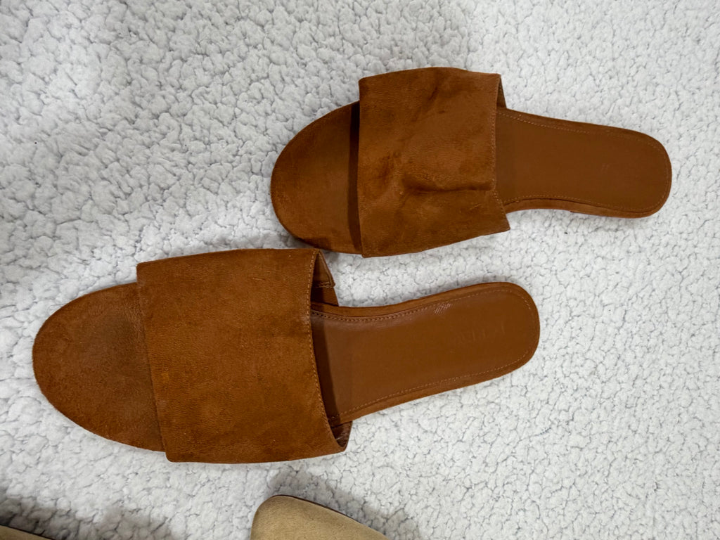 J.Crew Size 12 Suede Mules 2-Pair Lot Tan Bow & Brown Slide Sandals