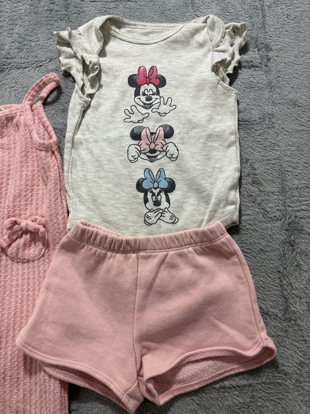Disney Baby 6-9M Girl 5 Pc Lot Minnie Mickey Bodysuits Waffle Romper Shorts Pink