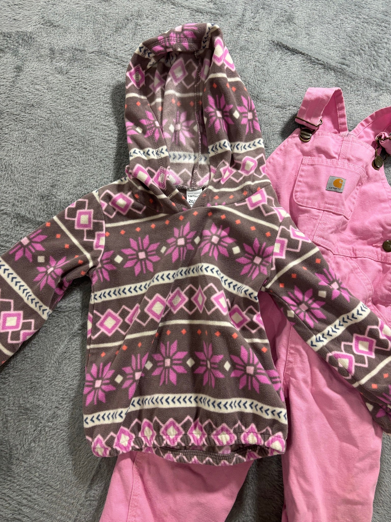 Carhartt Girls 2T Pink Flannel Lined Bib Overalls + Carters Fair Isle Fleece