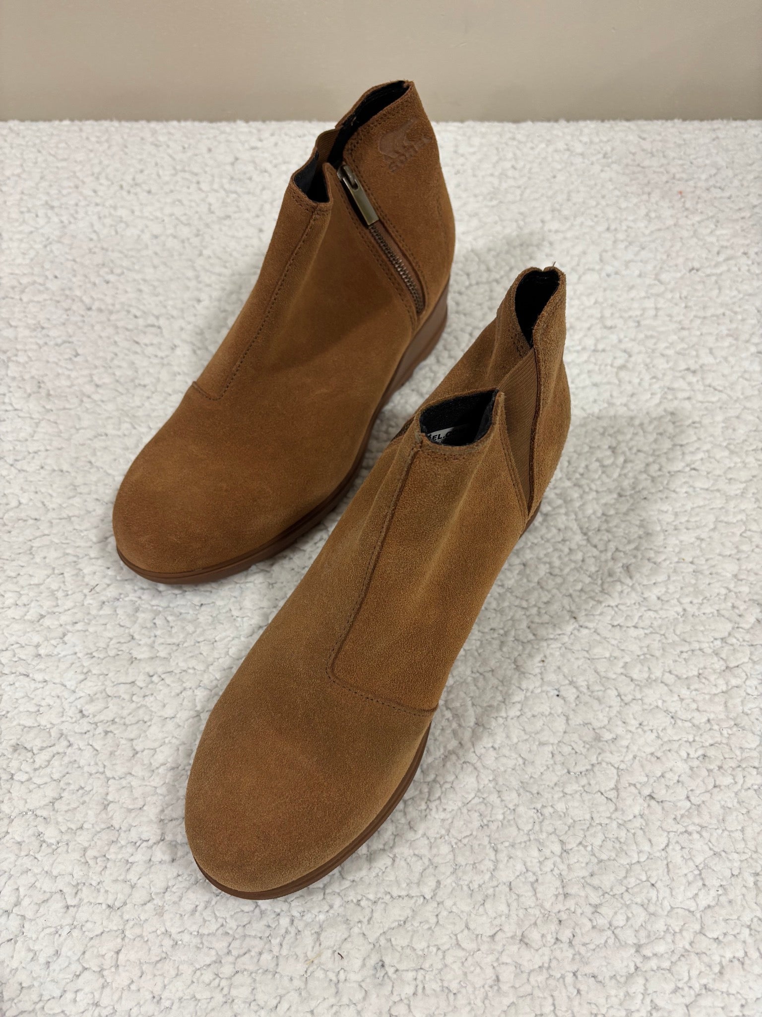 Sorel Womens 12 Tan Brown Suede Wedge Ankle Bootie Slip On Chelsea