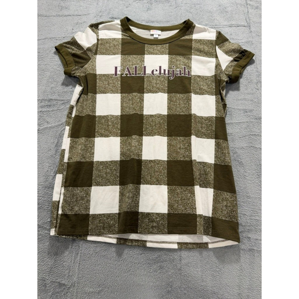 LuLaRoe XL Womens FALLelujah Graphic Tee Olive Green Buffalo Plaid Cozy Fall