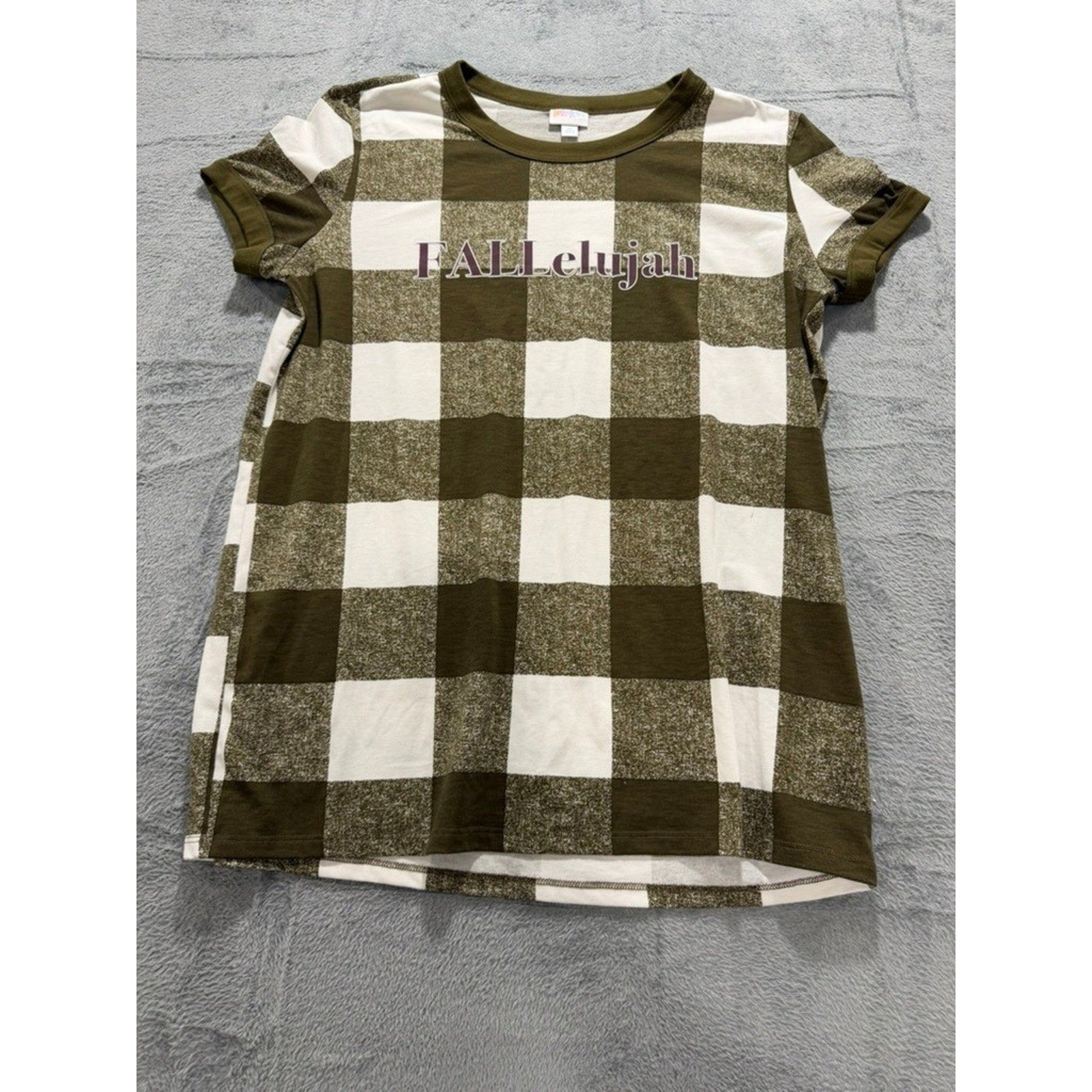 LuLaRoe XL Womens FALLelujah Graphic Tee Olive Green Buffalo Plaid Cozy Fall