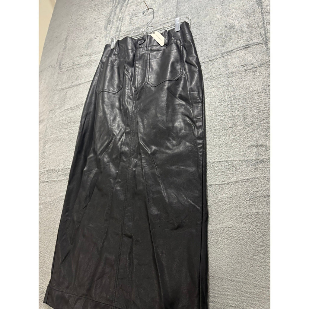 Maeve Anthropologie Black Faux Leather Maxi Skirt High Waisted Patch Pocket M