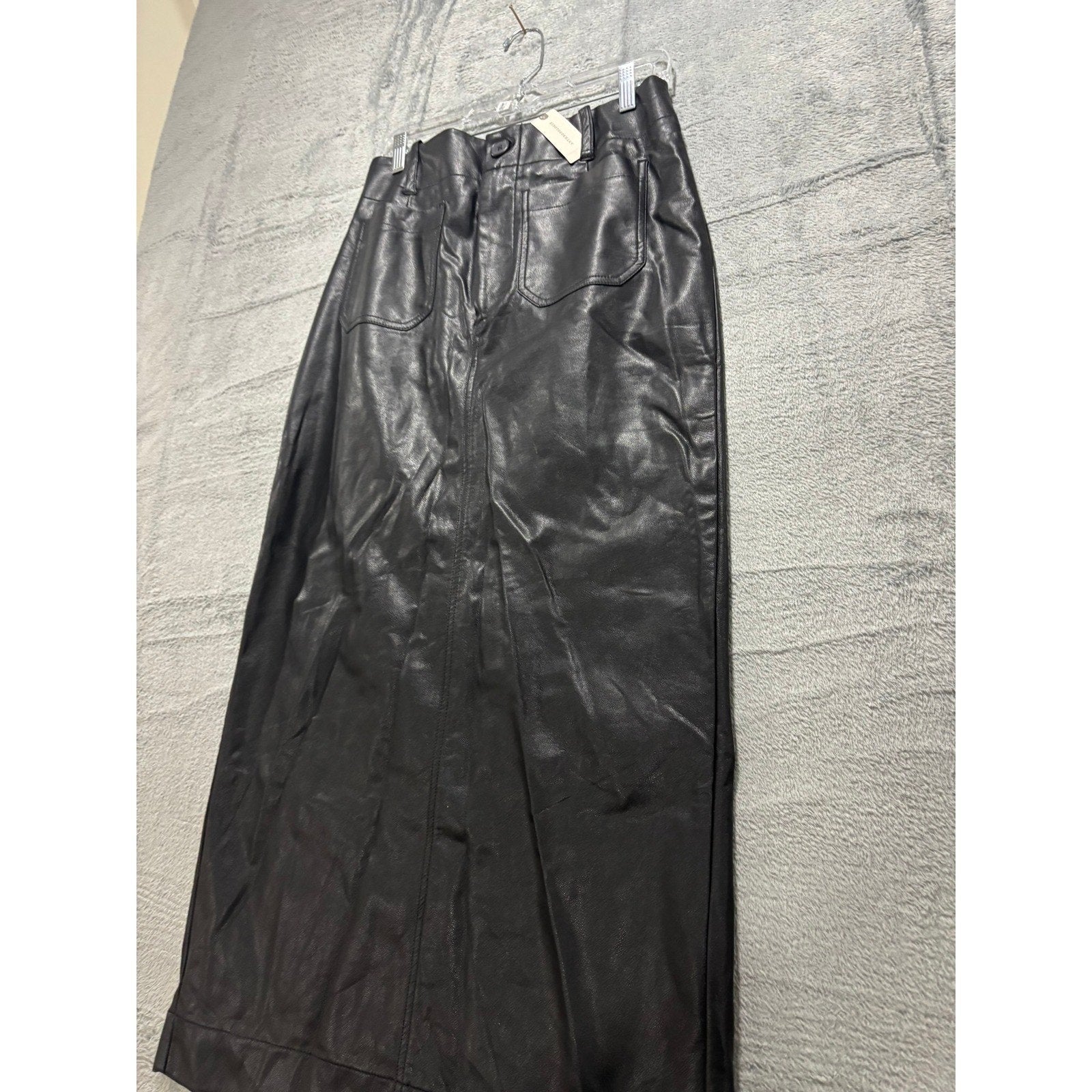 Maeve Anthropologie Black Faux Leather Maxi Skirt High Waisted Patch Pocket M