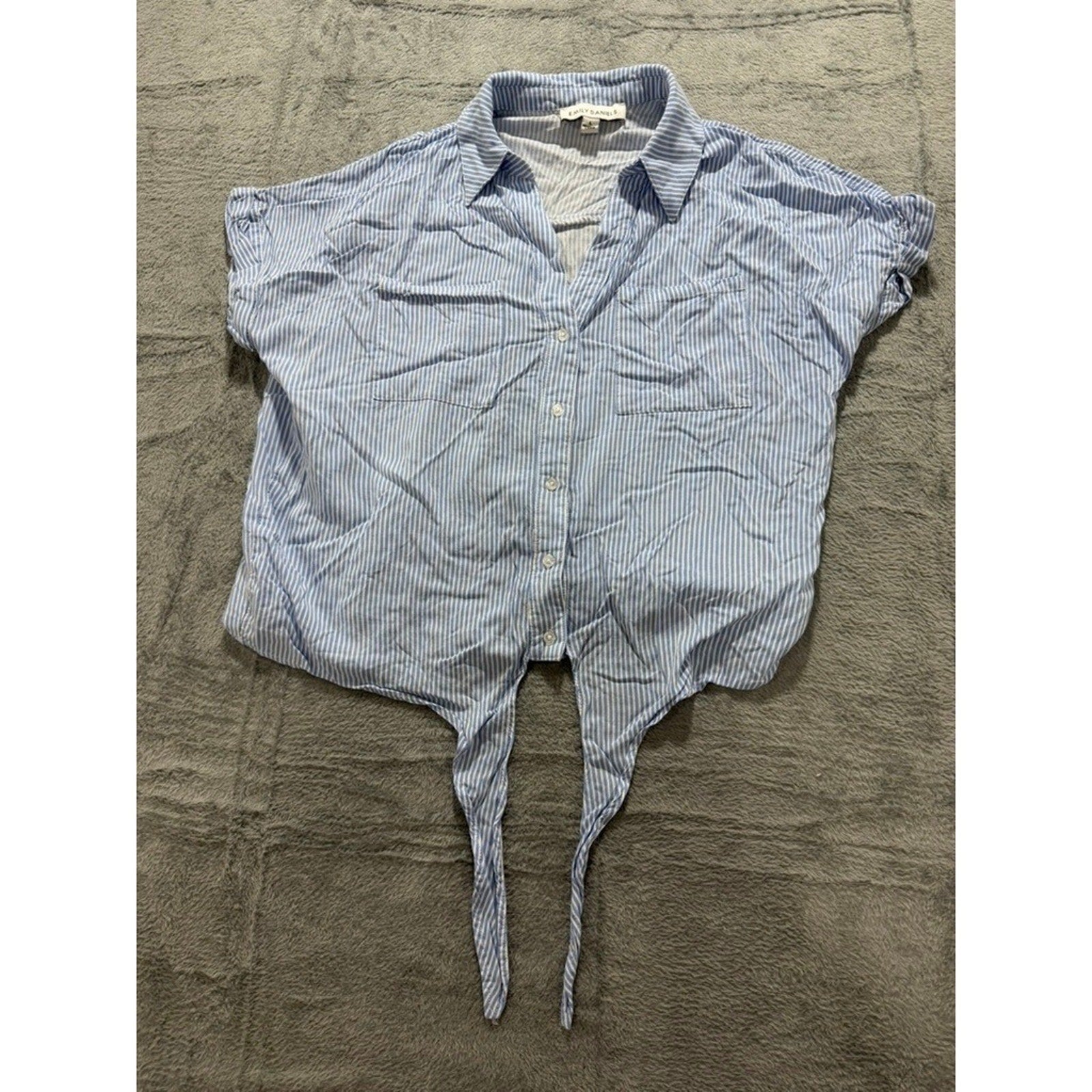 Emily Daniels Button Up Top Womens L Blue White Stripe Tie Front Casual