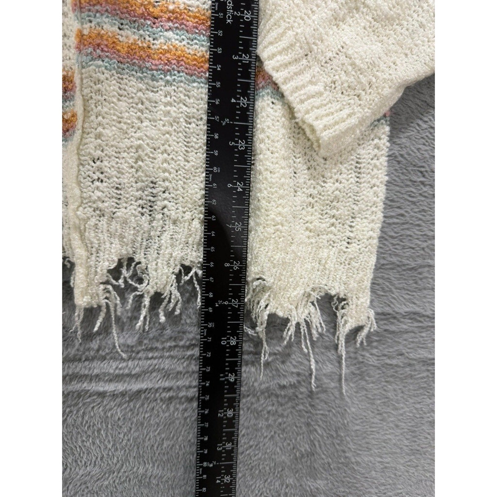 Daytrip Womens Striped V-Neck Open Knit Distressed Frayed Hem Sweater Cream L