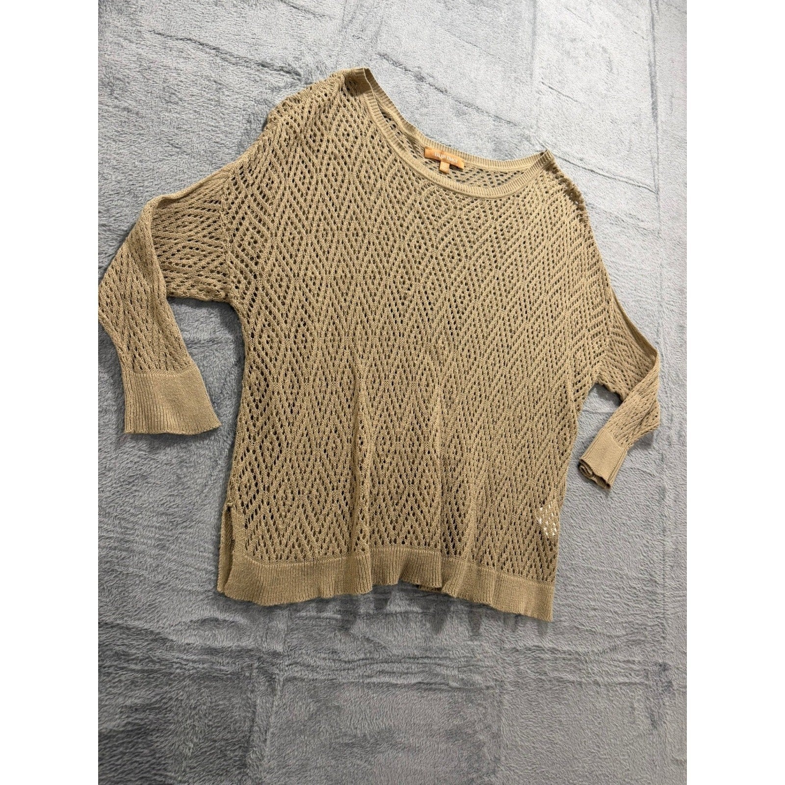 Ellen Tracy Womens XL Tan Diamond Open Knit Crochet Sweater 3/4 Sleeve Boat Neck