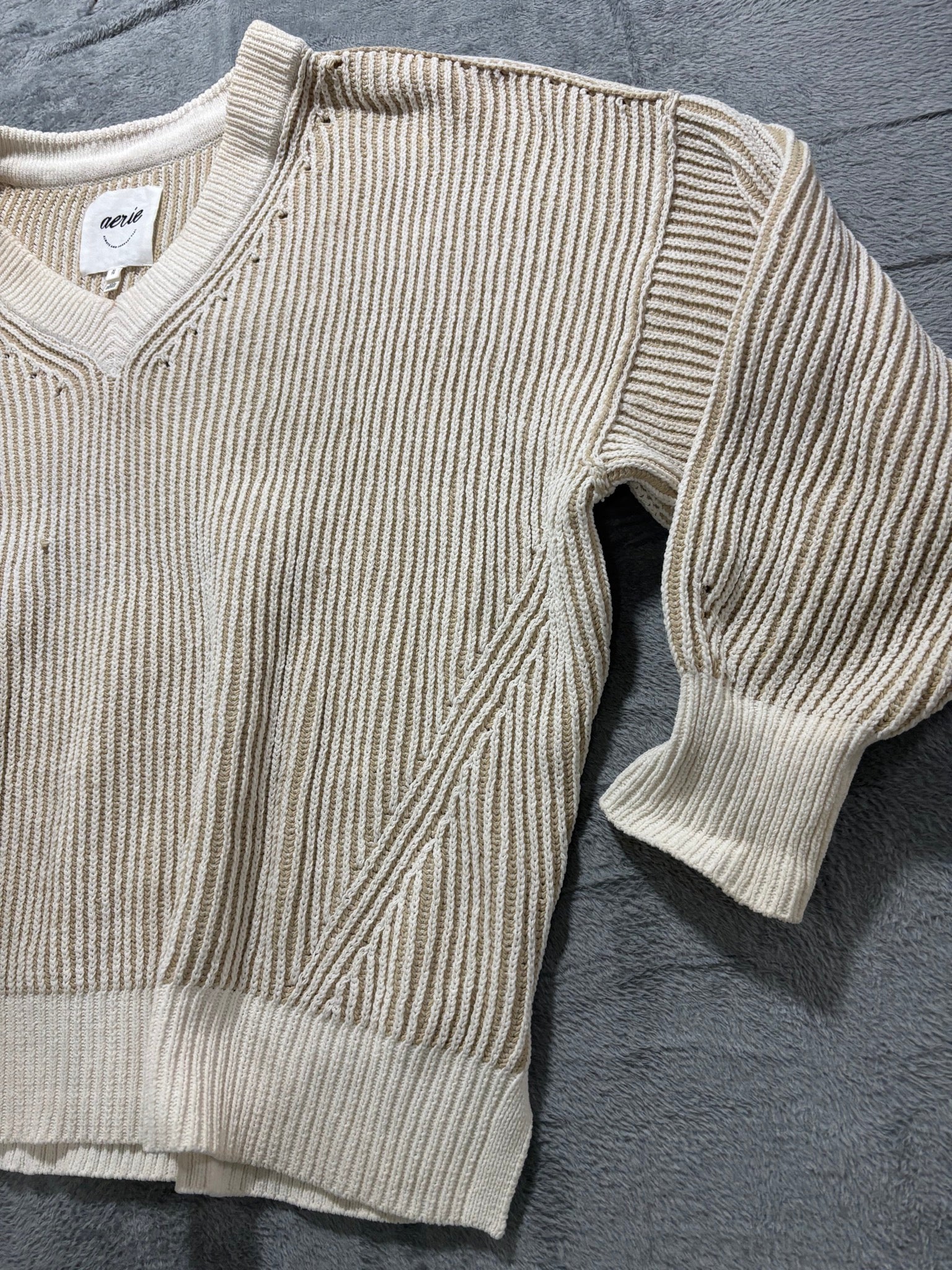 Aerie Womens XL Cream Tan Ribbed Knit V Neck Sweater Oversized Slouchy
