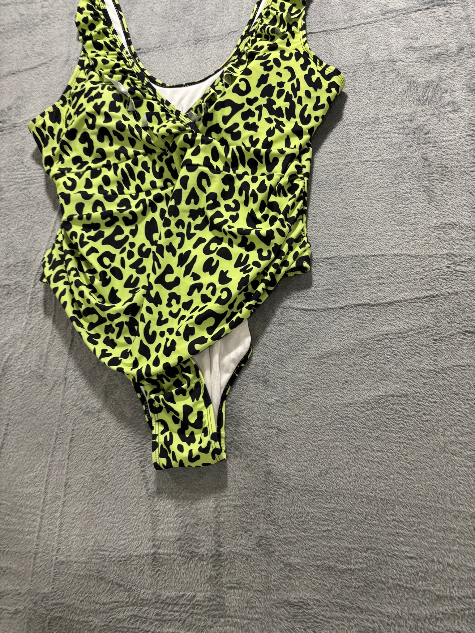 Neon Green Leopard One Piece Swimsuit Plus 3XL Ruffle Strap Cutout NWOT