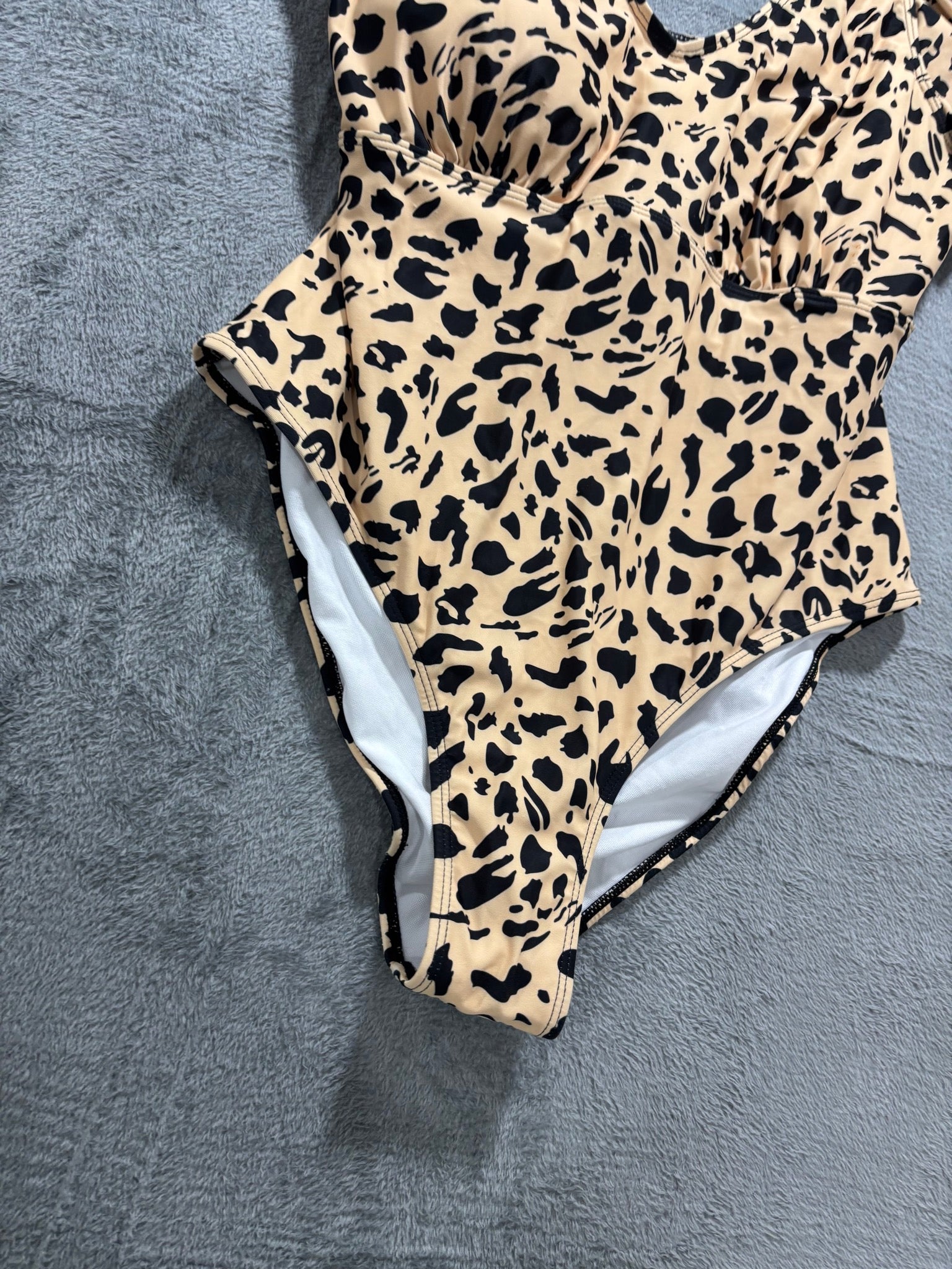 Leopard Print One Piece Swimsuit Plus Size 3XL Ruffle Strap V Neck NWOT
