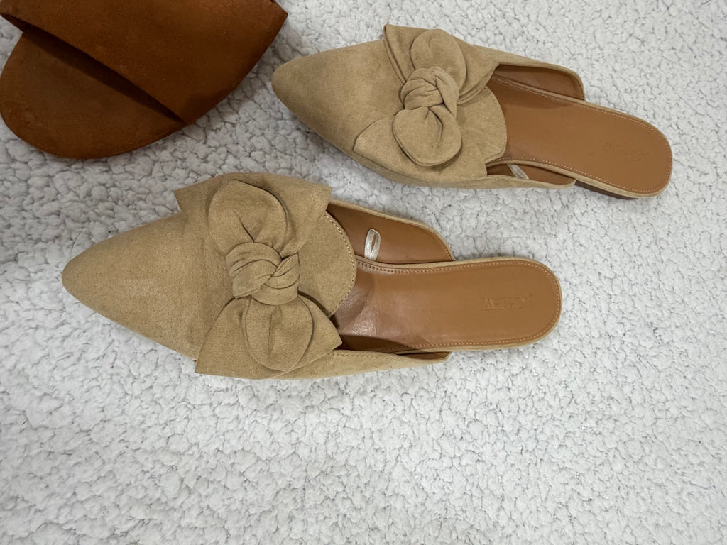 J.Crew Size 12 Suede Mules 2-Pair Lot Tan Bow & Brown Slide Sandals