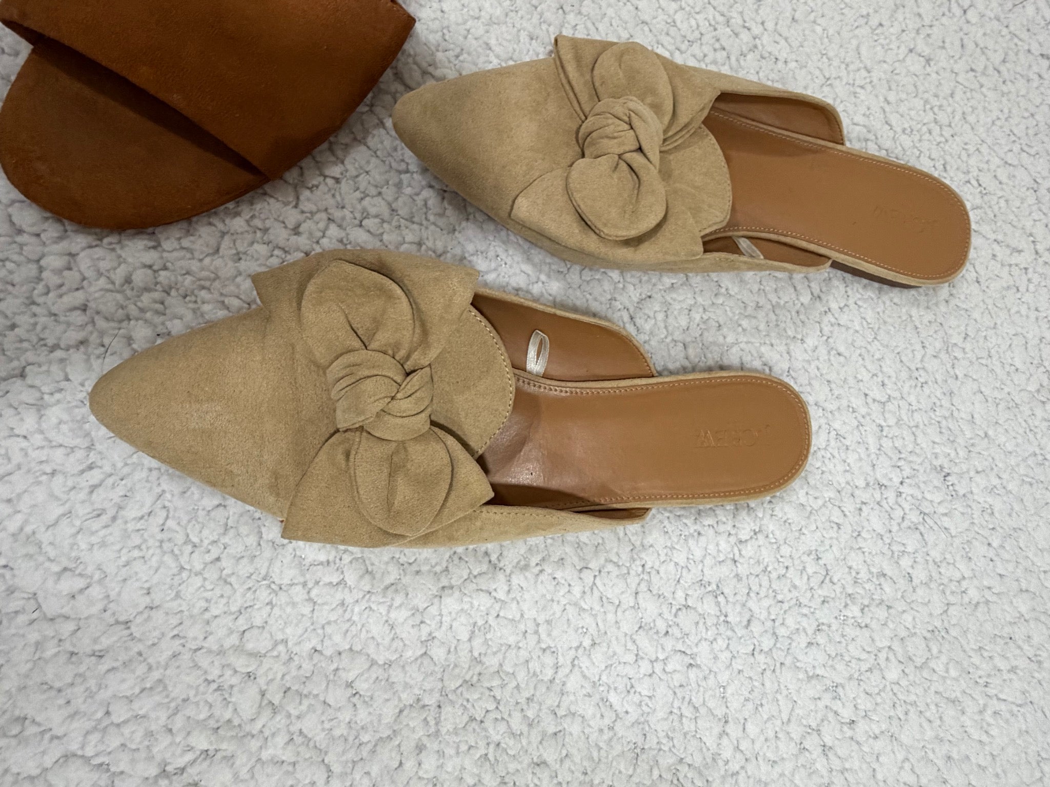 J.Crew Size 12 Suede Mules 2-Pair Lot Tan Bow & Brown Slide Sandals
