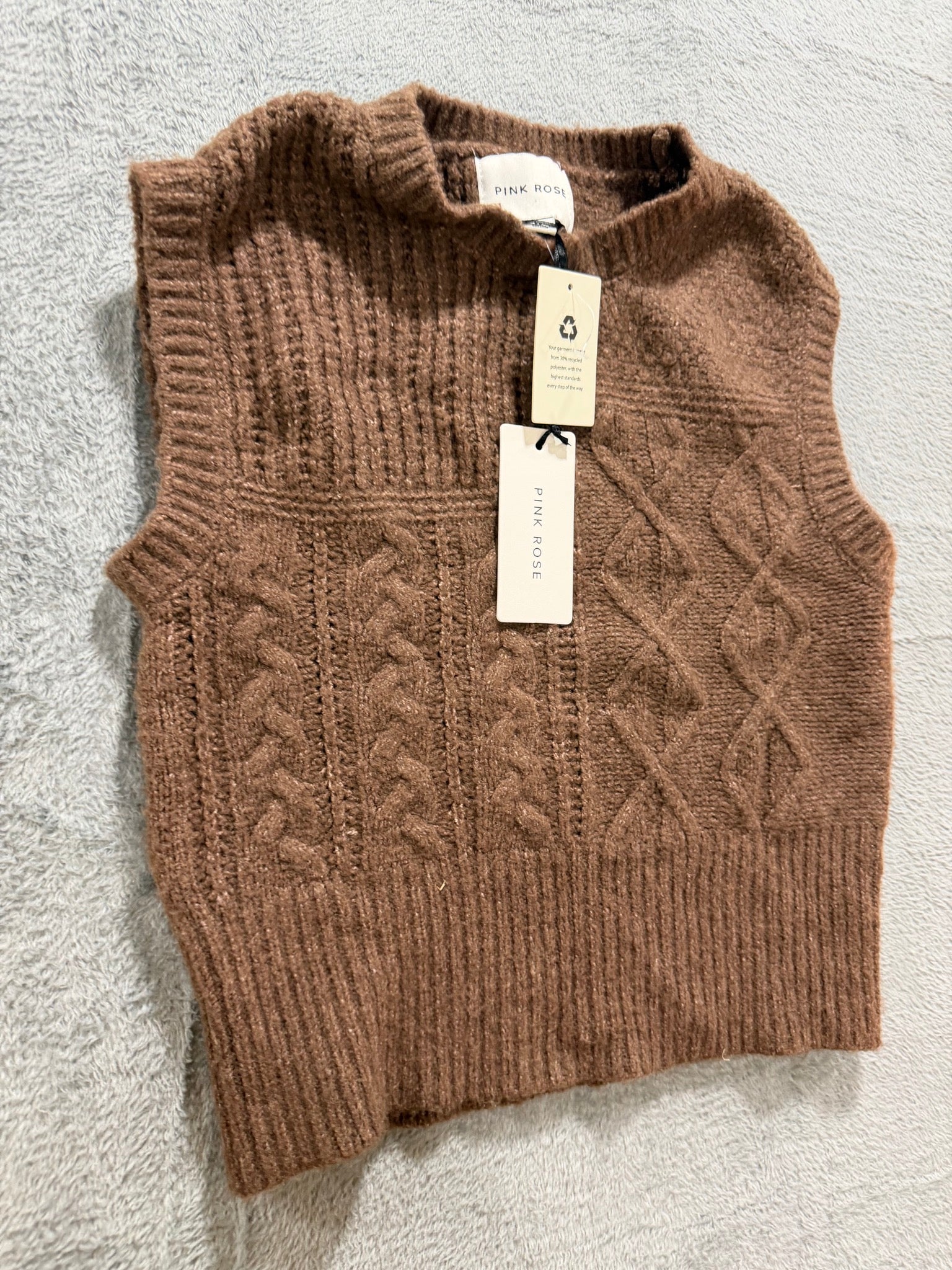 Pink Rose Size XS Brown Cable Knit Sweater Vest Cropped Sleeveless NWT