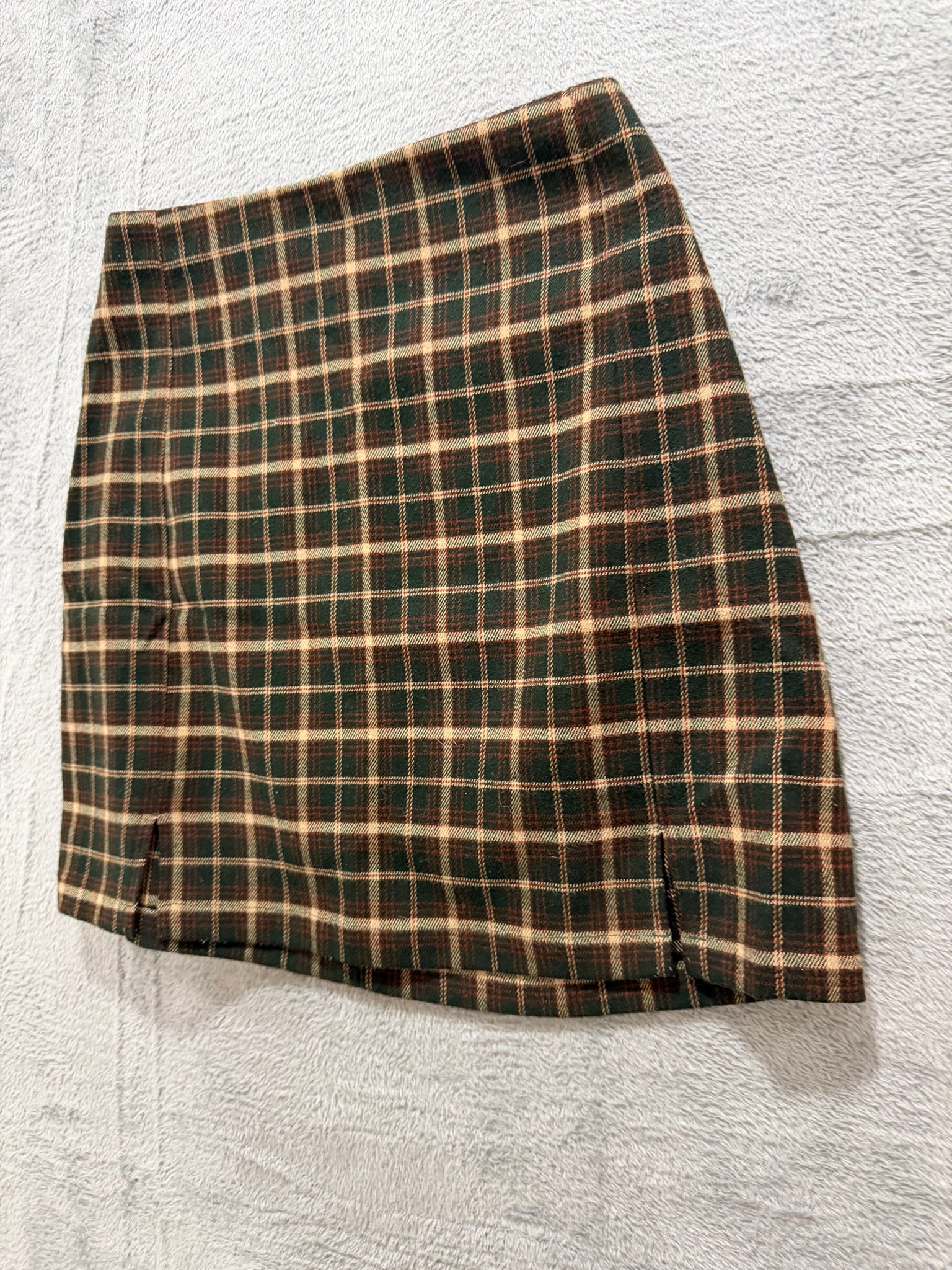 Brandy Melville Green Tartan Plaid Mini Skirt Front Slits One Size