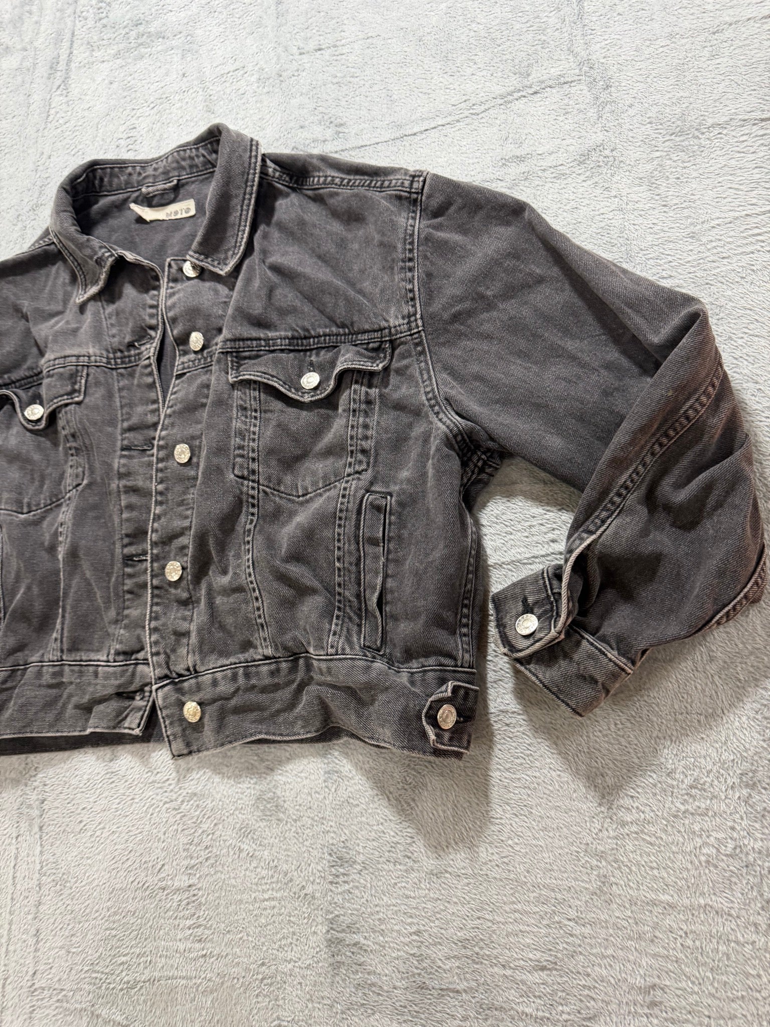 Topshop MOTO Size 10 Washed Black Denim Trucker Jacket Oversized Grunge