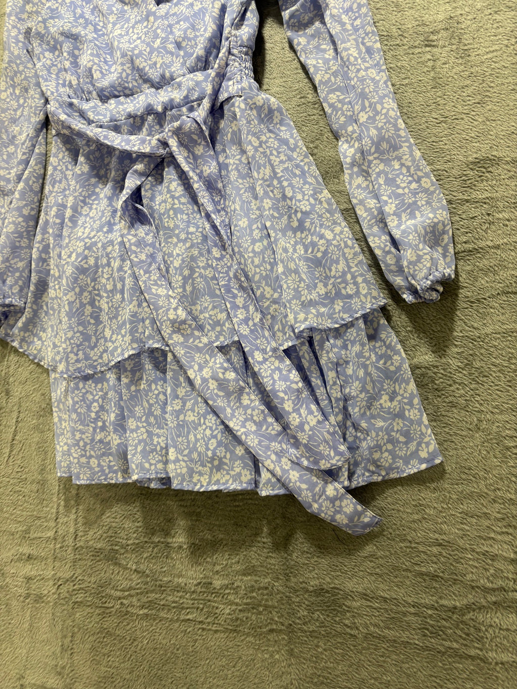 Jaspir S Blue Floral Tiered Ruffle Wrap Mini Dress Long Sleeve Tie Waist